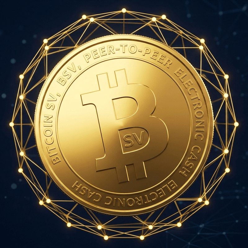 3D-Render einer goldenen Bitcoin-SV-Münze in einem leuchtenden Drahtgitter-Netzwerk
